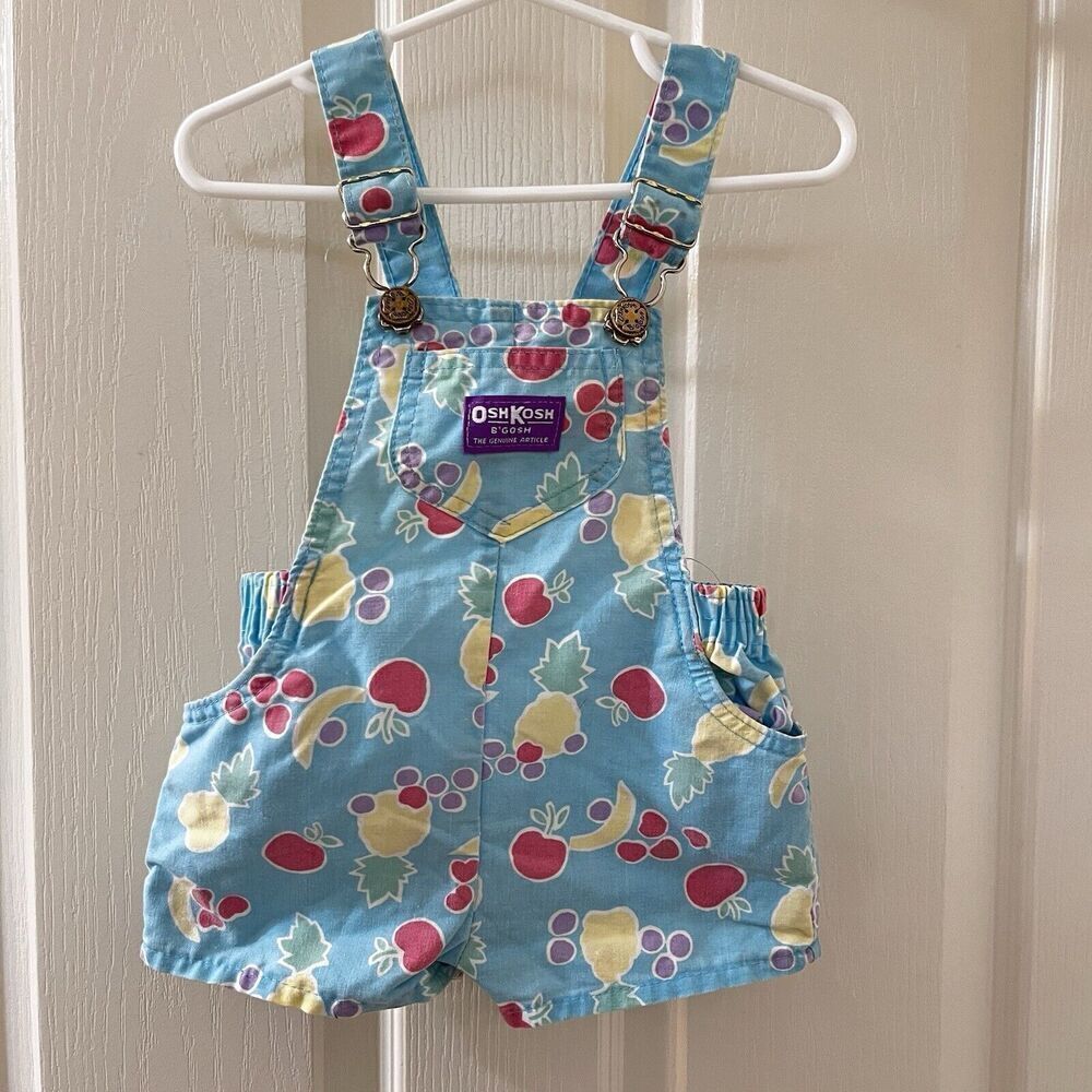 Vintage Oshkosh B'gosh Blue Fruit Shortalls Romper USA Girls Size 18 Months